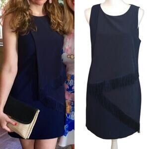 Trina Turk Navy Blue Fringe Dress Size 0 Knee Length Silk Western romance Preppy